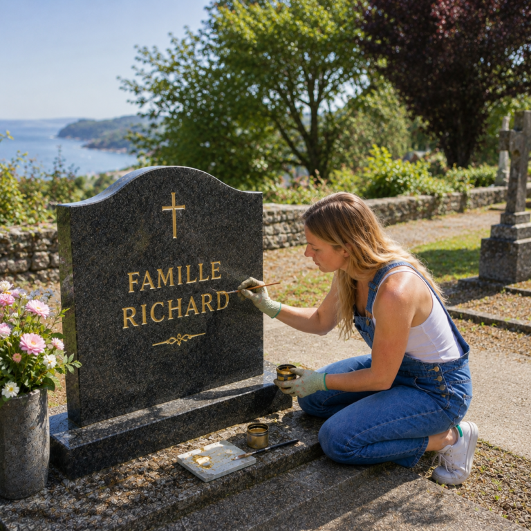 Fanny réalise le rechampissage d’une inscription funéraire